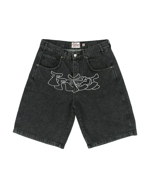 Black Denim Shorts - Y2K Embroidered Streetwear
