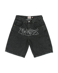 Black Denim Shorts - Y2K Embroidered Streetwear