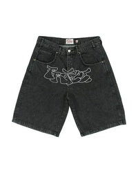 Black Denim Shorts - Y2K Embroidered Streetwear
